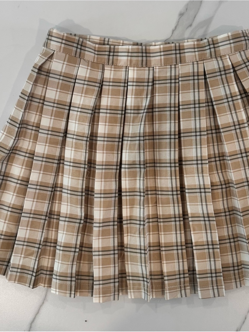 C&C California Tan & White Plaid Pleated Mini Skirt